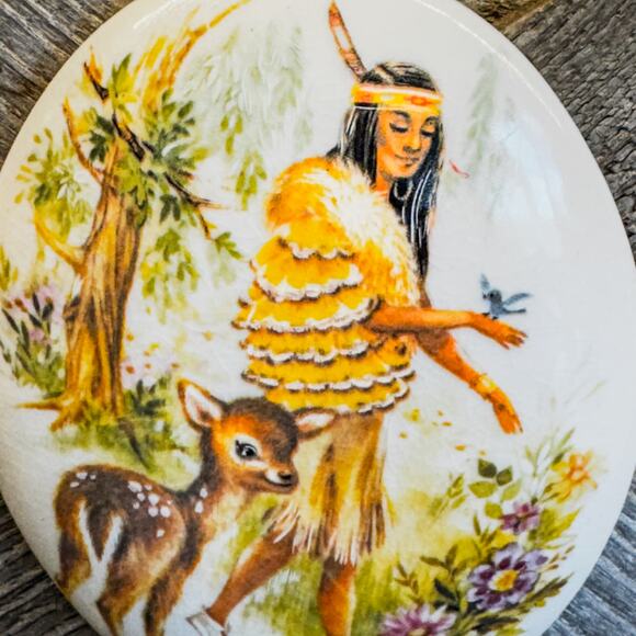 Vintage Folk Art Pocahontas w/ Baby Deer and Wildflowers, HandPainted ChalkWare - Picture 6 of 9